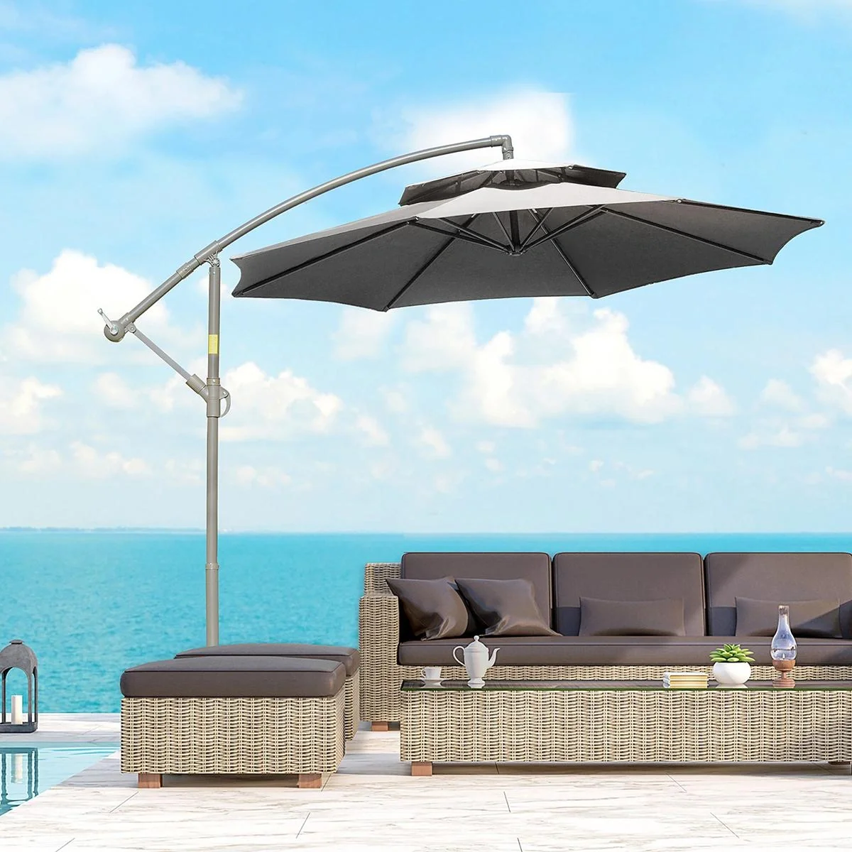 Sonnenschirm Ø2,67 x 2,7 m Doppelt überdachter schwingender Sonnenschirm Kreuzfuß Stahl Outdoor Polyester Stahl Hellgrau - 5