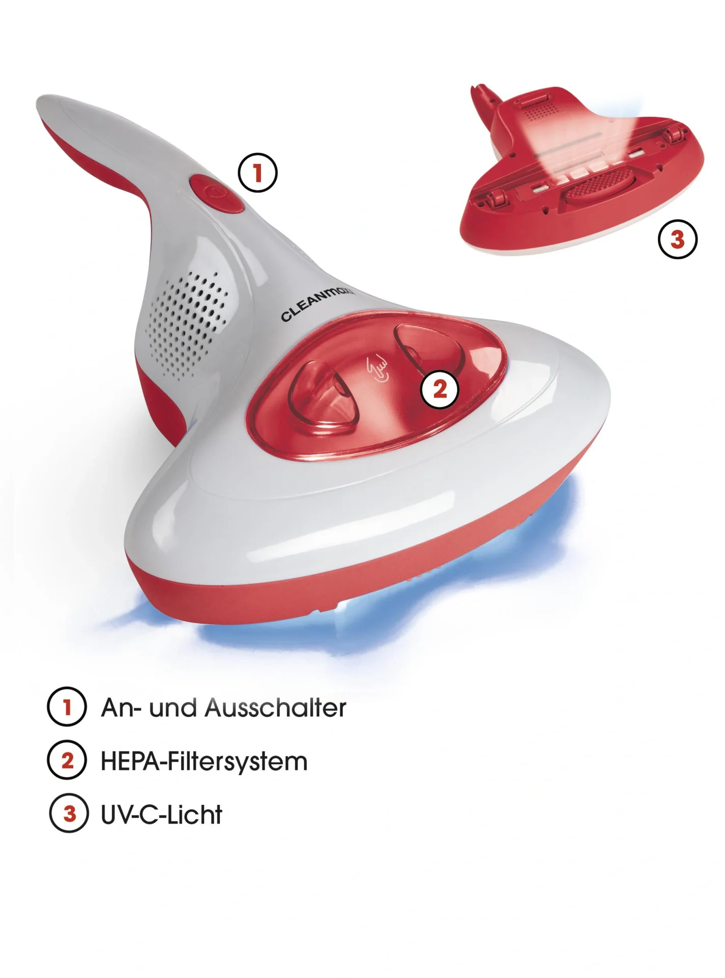 Akku-Milben-Handstaubsauger mit UV-C-Licht 14,8V rot/weiß - 8