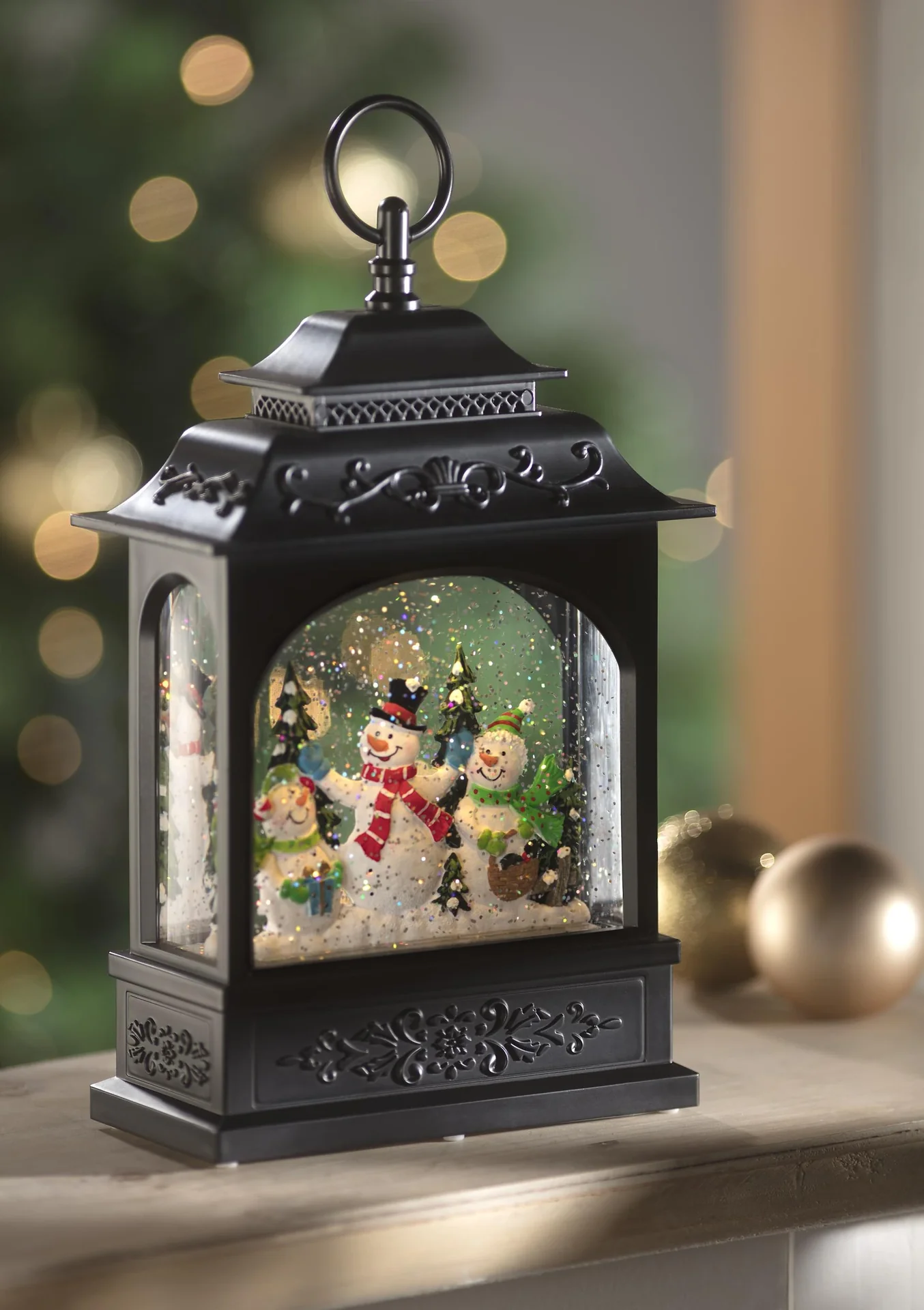 Weihnachtslaterne mit Schneemannmotiv, Licht , Musik und Schneefalleffekt - 1