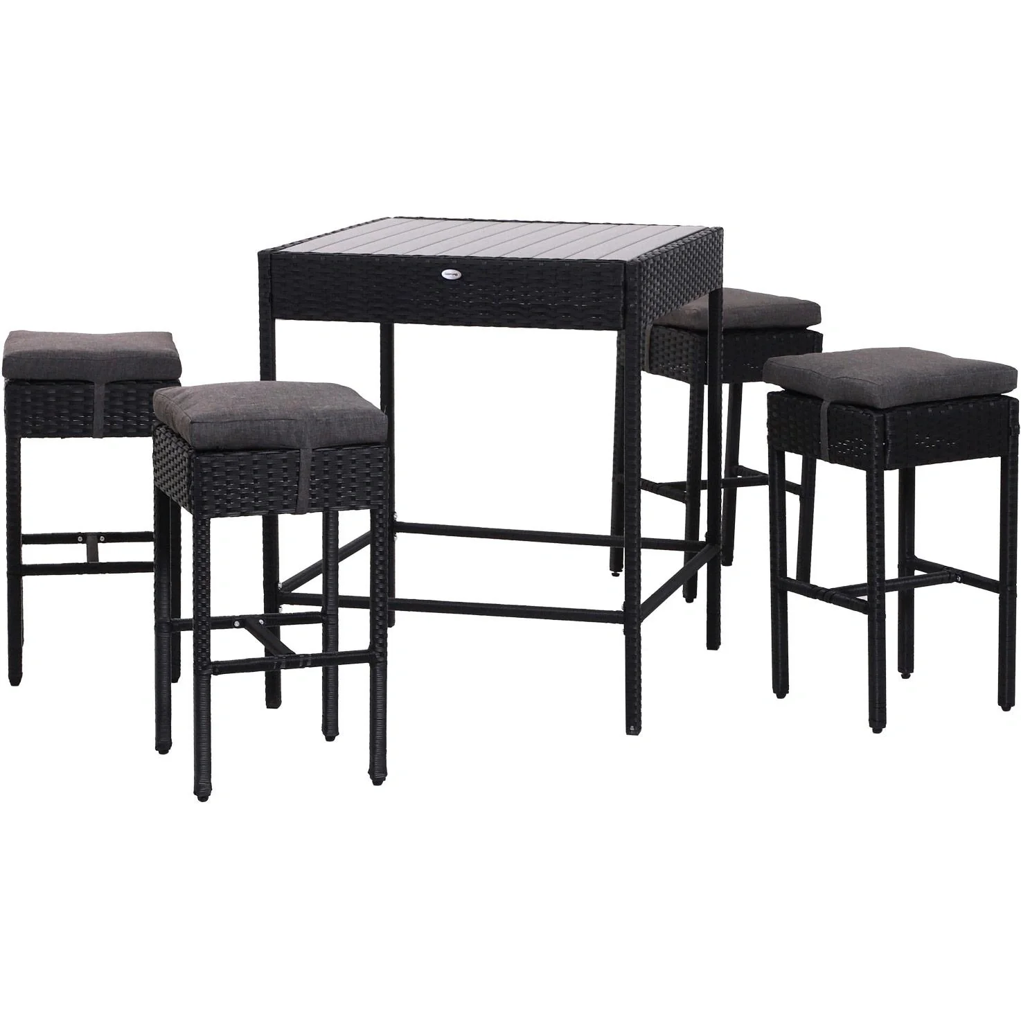 5-teilige Essgruppe Sitzgruppe Esstisch Bistrotisch Bartisch Gartentisch Metall + Polyrattan Schwarz mit 1 Tisch + 4 Hoc - 10