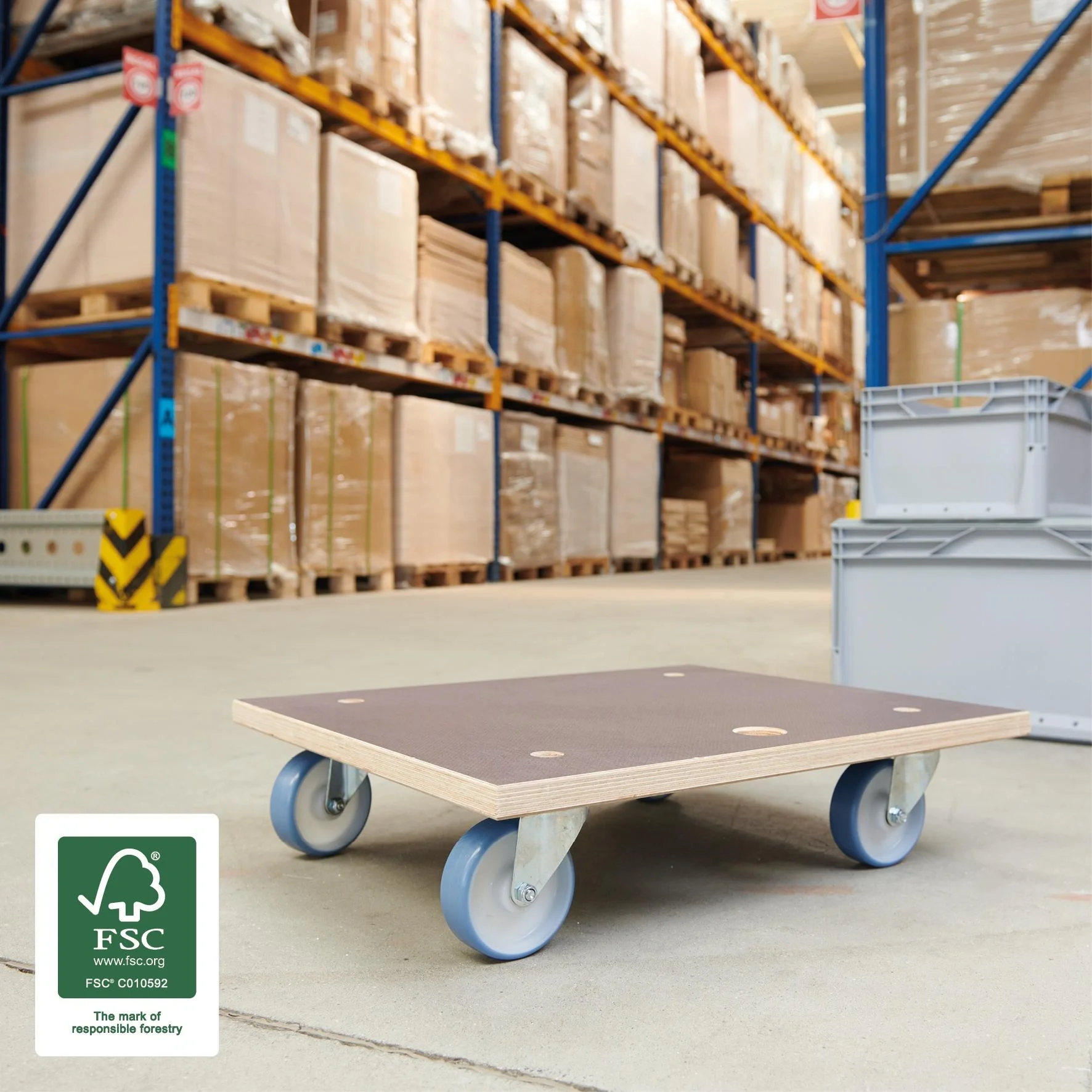 Transporthilfe MM 1145, 59 x 49 x 15 cm, softe Rollen Ø 100 mm, Rollenlager, Platte Maxigrip FSC®, Tragkraft 500 kg - 8