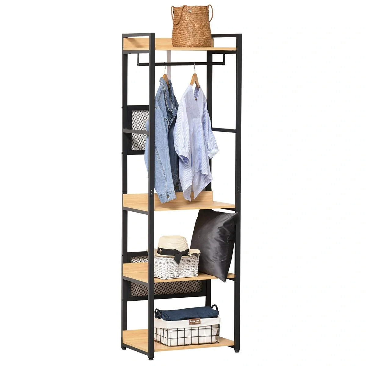Garderobeständer Mantelgestell Kleiderständer Kleidung Hüte Taschen Schuhe Multifunktion Schwarz+Natur 60 x 40 x 190 cm - 4