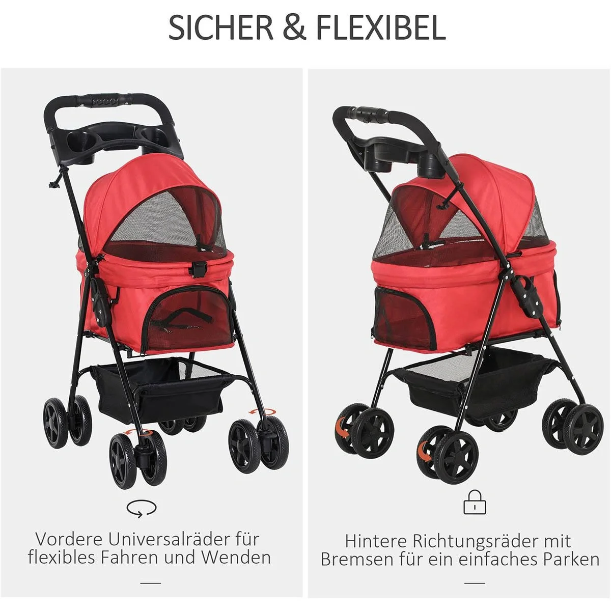 Hundebuggy mit Klappfunktion Hundewagen Buggy für Hunde und Katzen Haustierwagen Katzenbuggy Oxford Rot 67 x 45 x 96 cm - 5