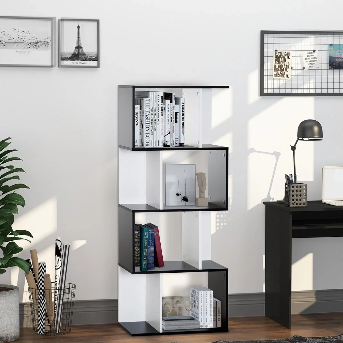 Bücherregal S-förmiges Standregal Lagerregal 4-stufige Vitrine mit Hardware-Schnalle moderner Raumteiler Spanplatte Sch - 4