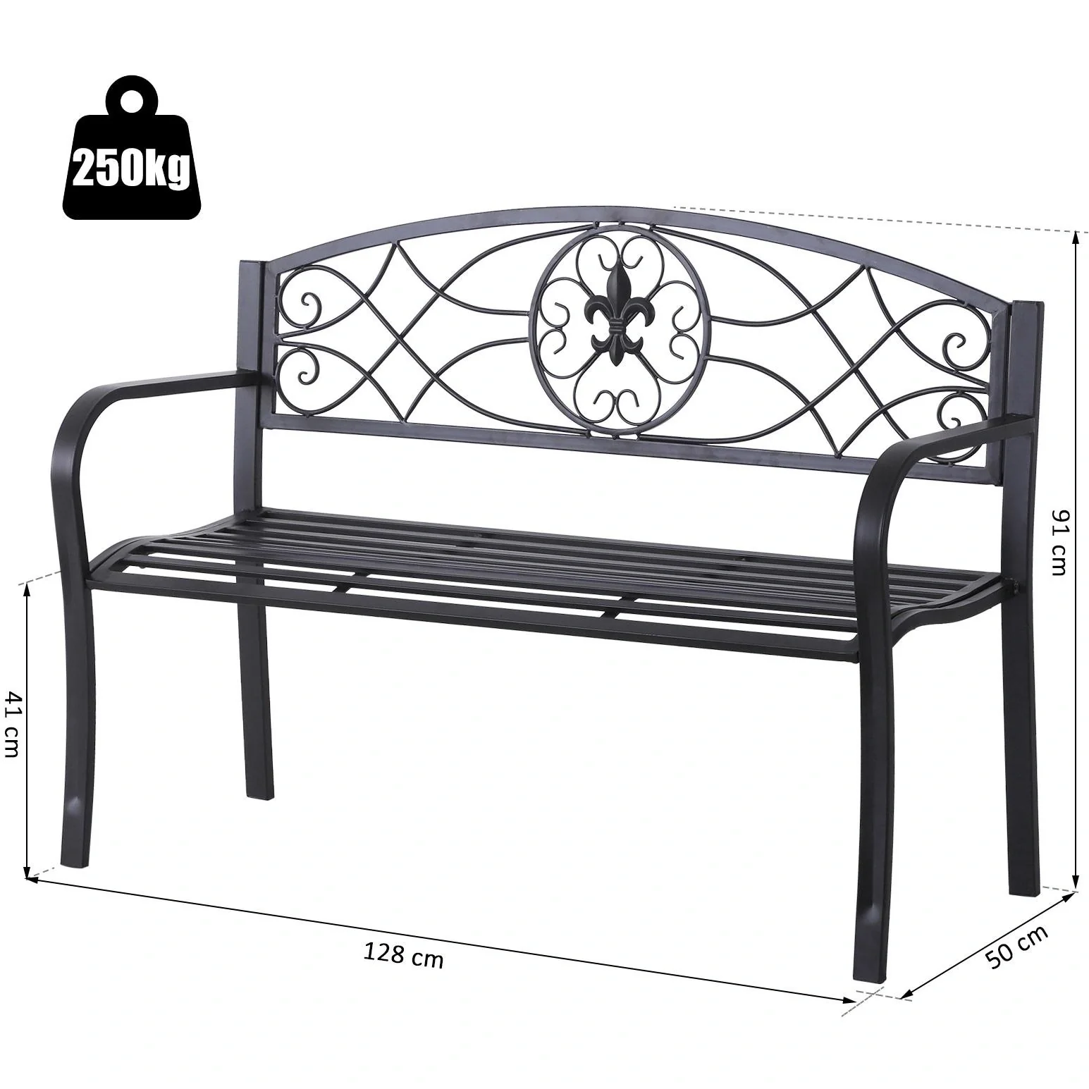 2-Sitzer Sitzbank Gartenbank mit Armlehne Metallbank Landhausstil Metall Schwarz 128 x 50 x 91 cm - 6