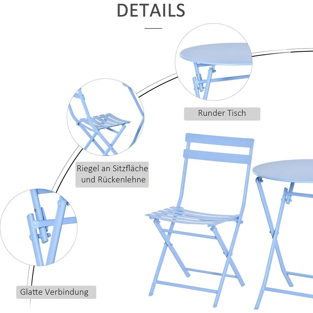 3-tlg. Gartenset Garnitur Bistrotisch mit 2 Stühlen für Hof Garten klappbar Hellblau - 5