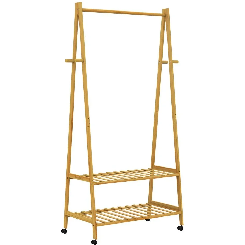 Bambus-Kleiderständer mit Kleiderstange + 2 Ablagen und 4 Rollen - 5