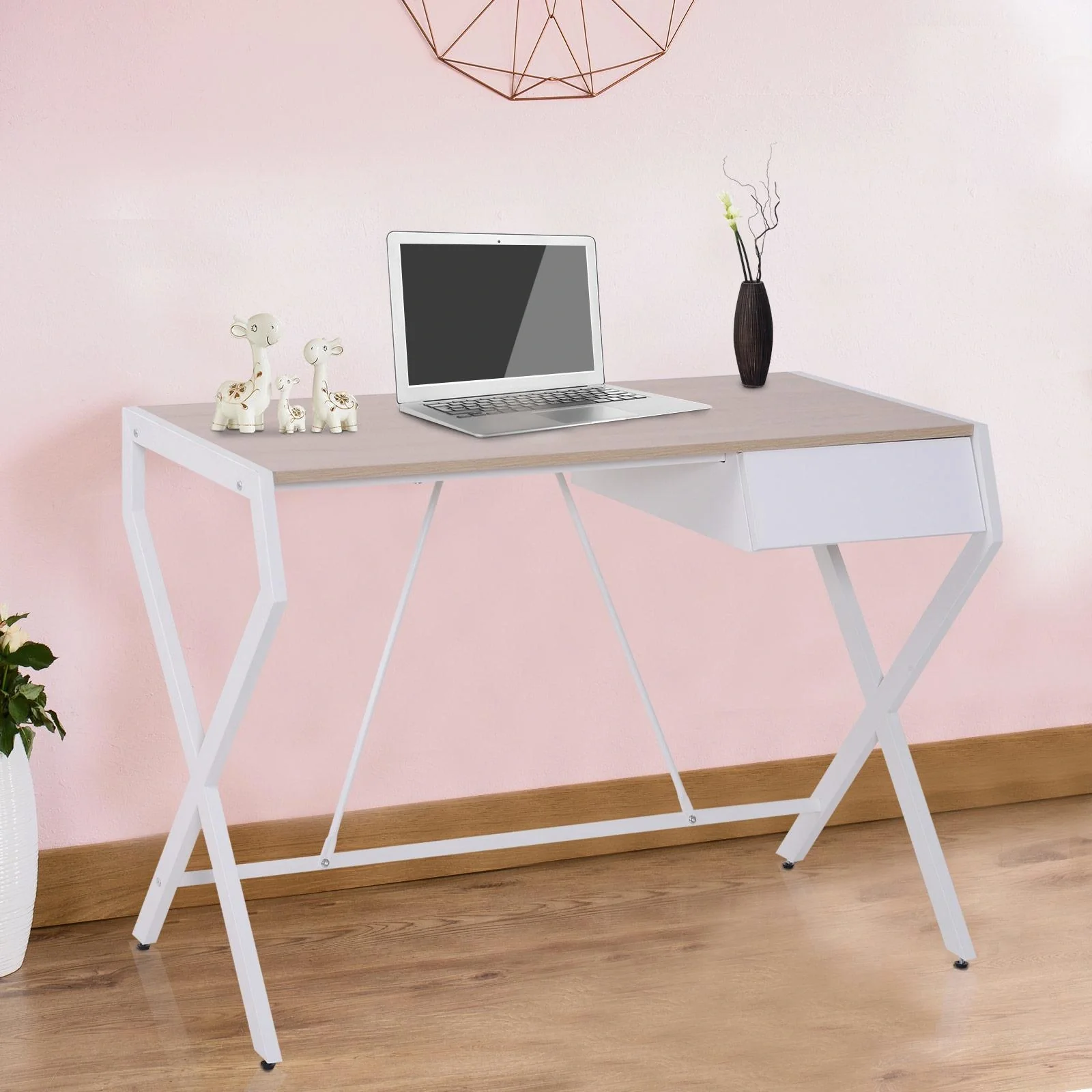 Schreibtisch Computertisch mit Schublade Spanplatte Metallrahmen 20 kg Belastbarkeit Weiß + Natur 105 x 56 x 75 cm - 2