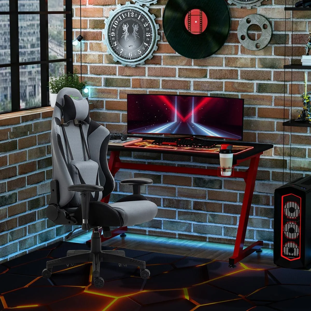 Gaming Stuhl Ergonomischer Bürostuhl Drehstuhl mit Kissen und Rückenlehne verstellbar Schaumstoff Spandex-Gewebe Schwarz - 4