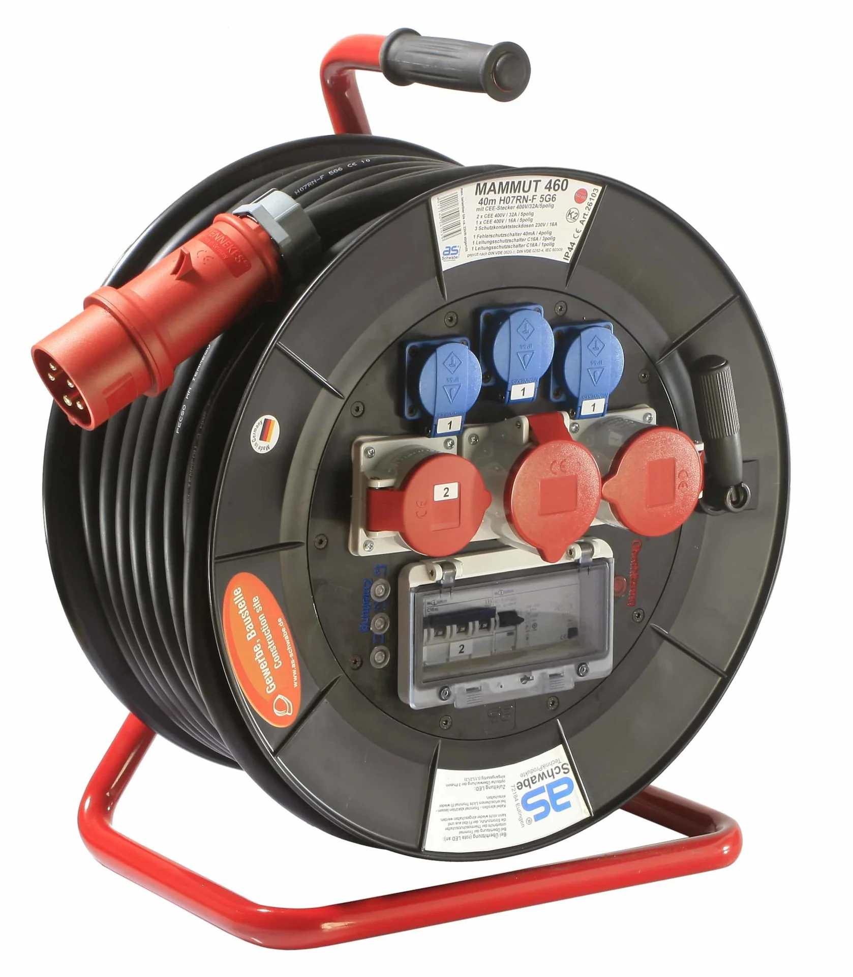 Profi-Trommel Mammut 460 Version 4, 40m, 3 Steckdosen 230V, 2+1-CEE Steckdosen, mit Trage- und Fußgestell - 1