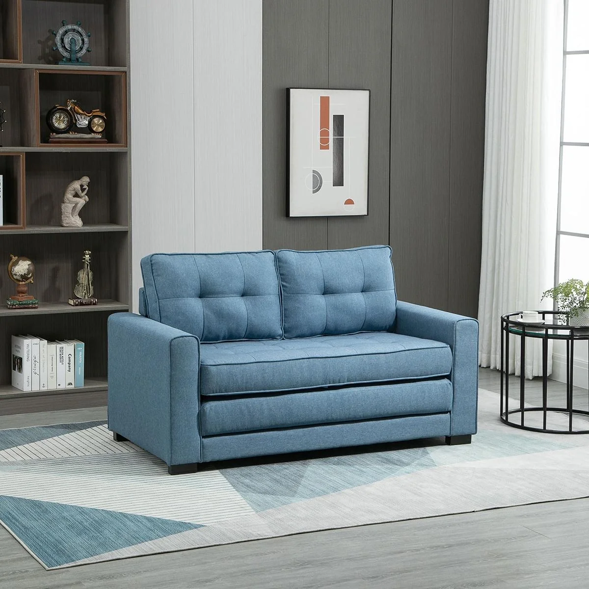 Ausziehbares Zweisitzer-Bettsofa, Massivholz, Leinenoptik, blau, 147,5 x 75 x 85 cm - 5