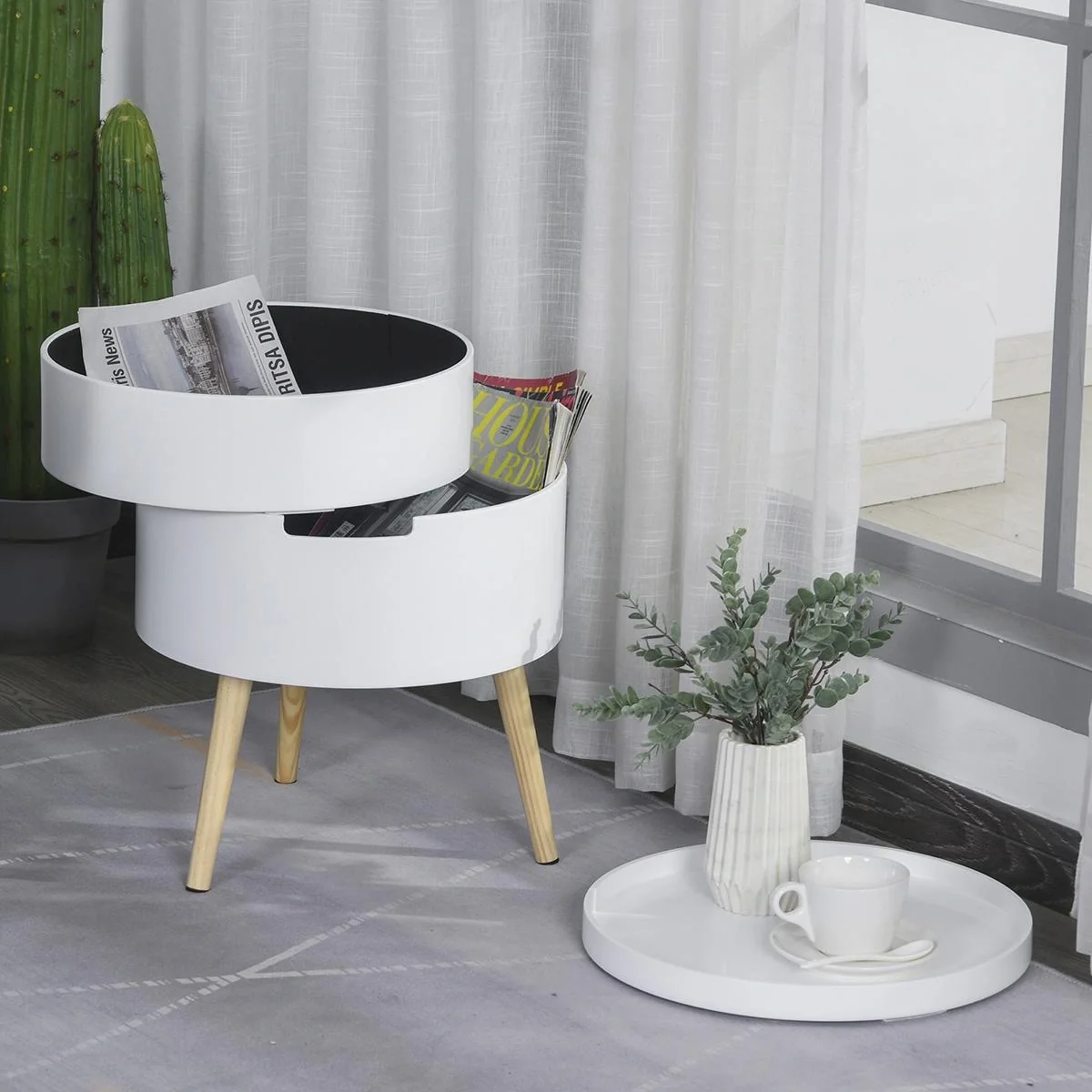 Nachttisch rund Beistelltisch Sofatisch mit 2 Stauräume Couchtisch frei kombinierbar Wohnzimmer Holz Weiß Ø38 x 48,3 cm - 3