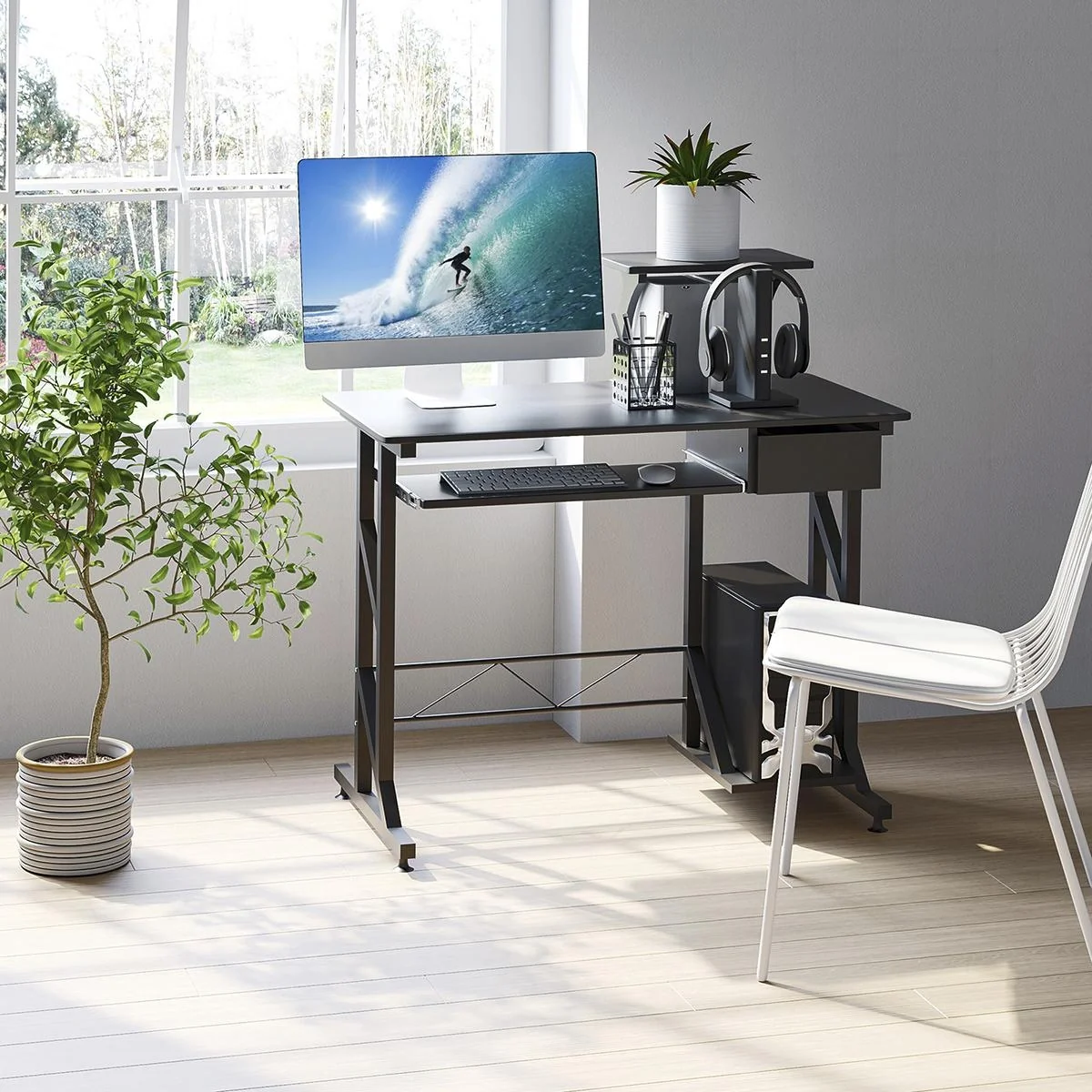 Computertisch Arbeitstisch mit Regalen und Schubladen Schreibtisch Bürotisch Platzsparend stabil Metall MDF Schwarz 90 x - 4