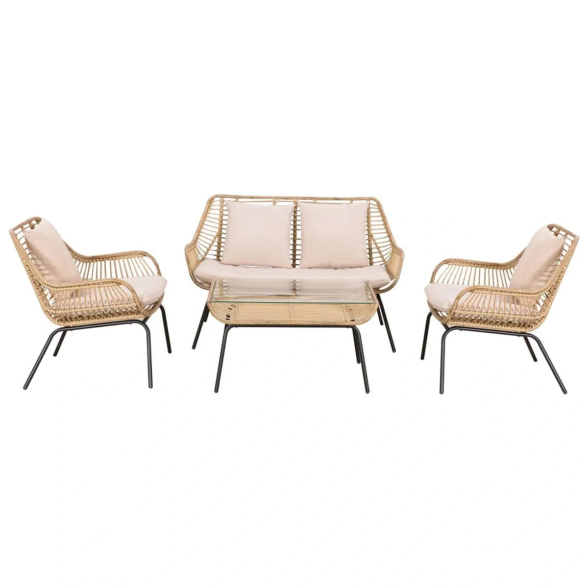 Sitzgruppe, Outdoor Sitzgarnitur, Gartenmöbel Set mit Beistelltisch, Metall, Rattan, Beige, 118 x 69 x 73 cm - 6