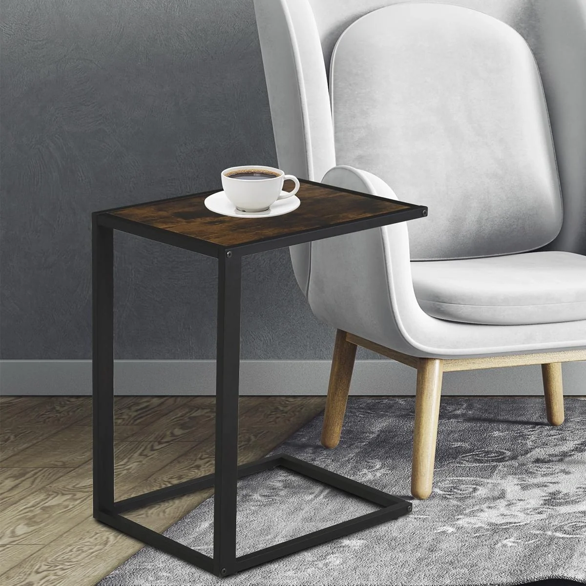 Beistelltisch in C-Form Kaffeetisch Couchtisch Standtisch Tisch Metall MDF Rustikal-Braun 40,6 x 50,8 X 64,2 cm - 4