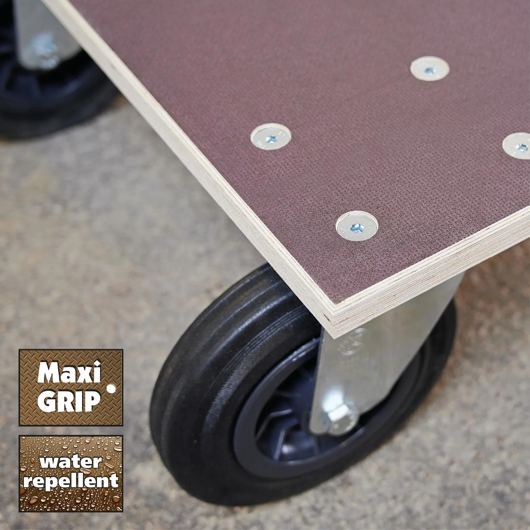 Transporthilfe MM 1148, 78 x 59 x 26 cm, harte Rollen Ø 200 mm, Rollenlager, Multiplex Platte FSC®, Tragkraft 750 kg - 8