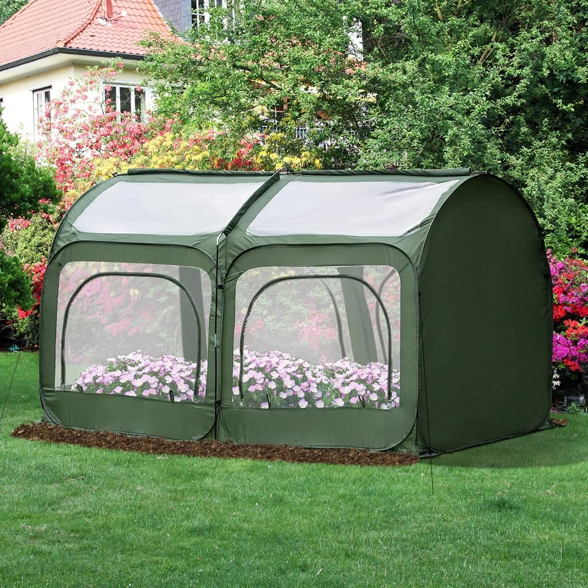 Pop-Up Gewächshaus mit 4 Reißverschlusstüren Treibhaus Tomatenhaus Frühbeet Stahl PVC Transparent 250 x 125 x 135 cm - 5