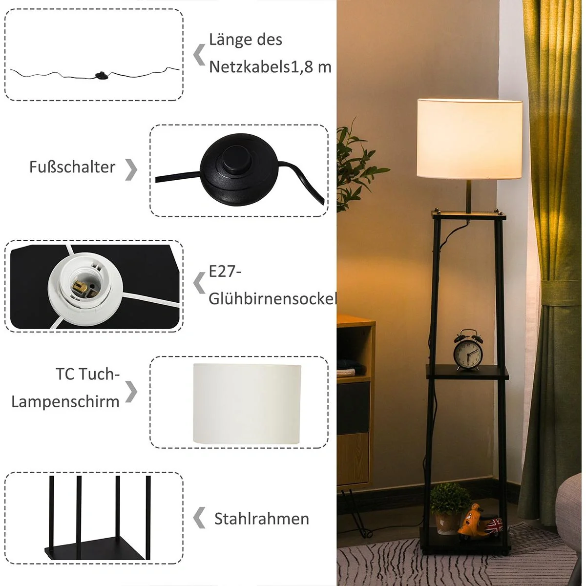 Stehlampe mit Ablagefläche Schwarz+Cremeweiß - 9