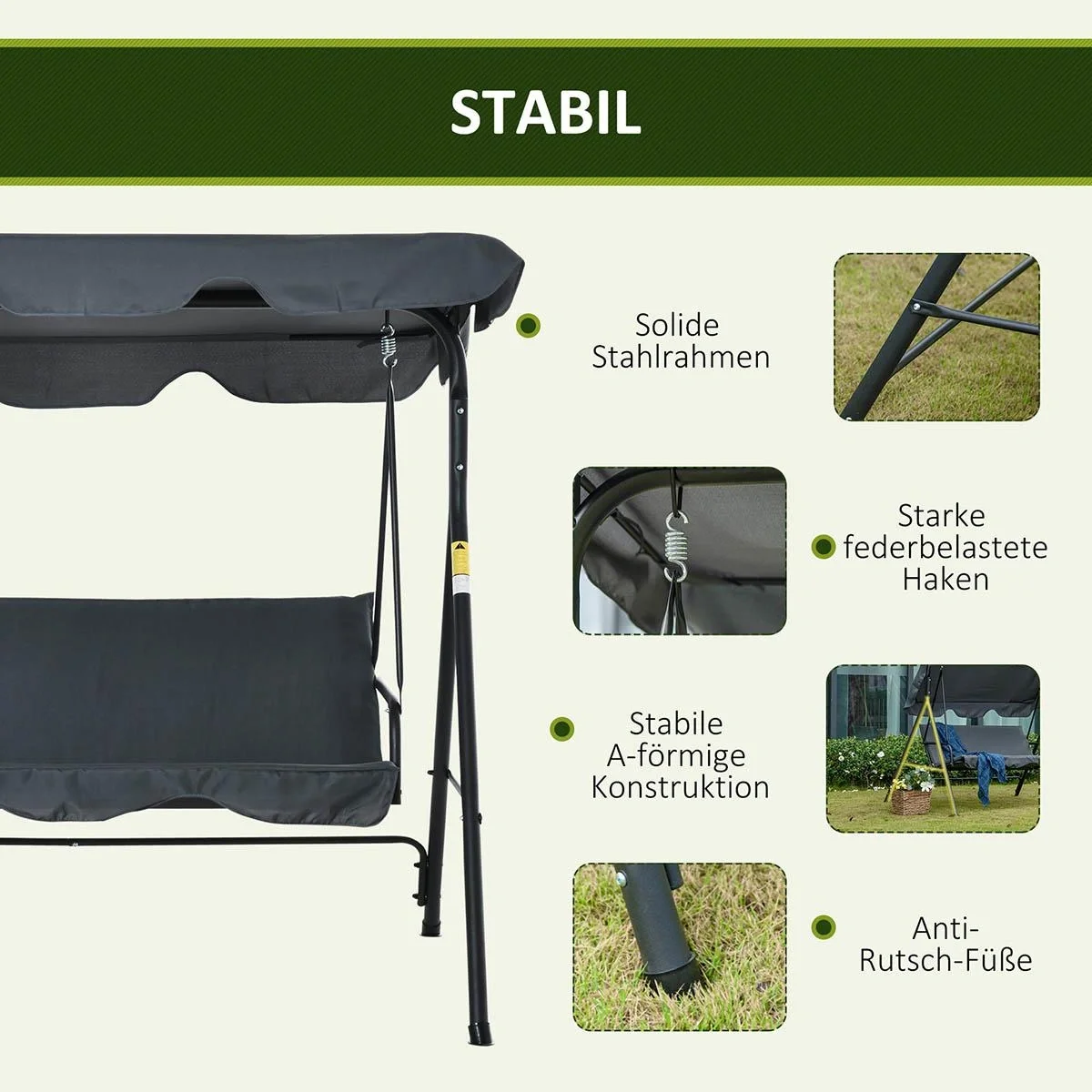 Hollywoodschaukel Gartenschaukel Schaukelbank 3-Sitzer mit Dach Stahl Grau+Schwarz 172 x 110 x 153 cm - 4