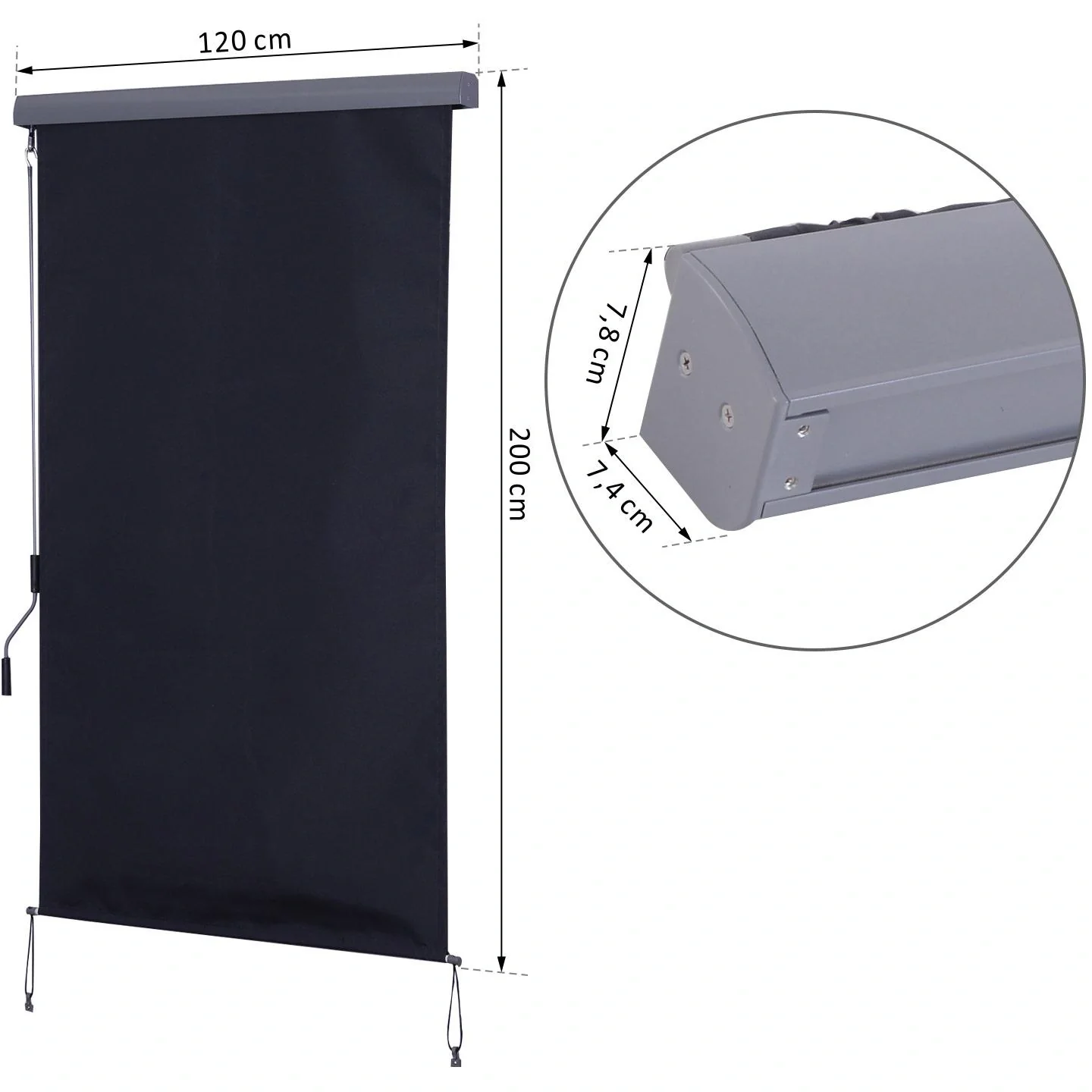 Seitenmarkise Windschutz Sichtschutz mit Handkurbel Polyester + Aluminium Grau 120 x 200 cm - 9