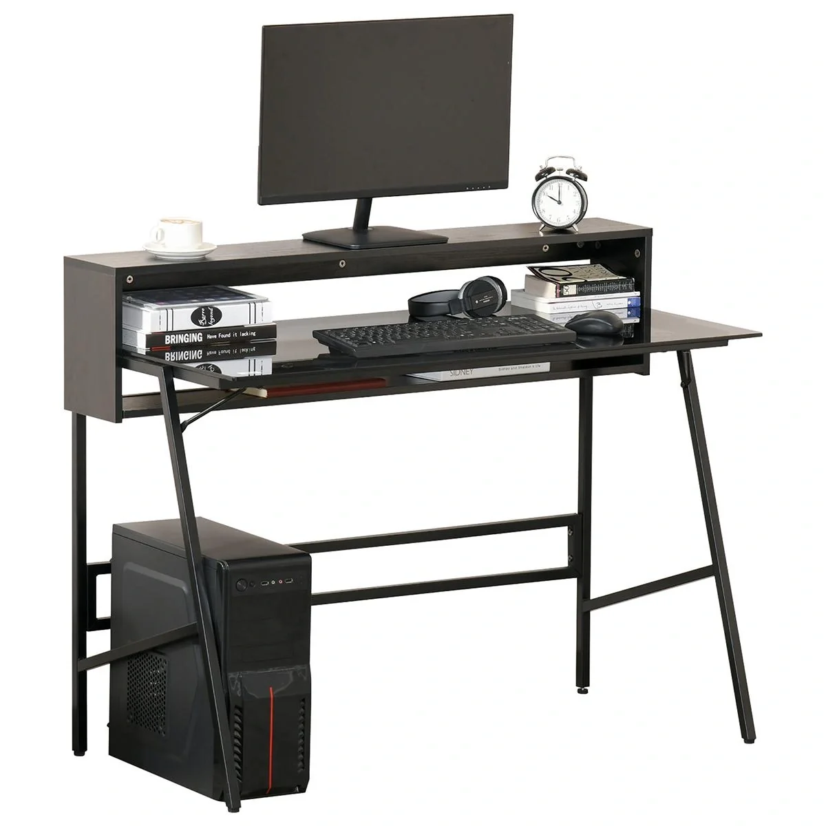 Computertisch Schreibtisch mit zwei Ablagen moderner Gamingtisch mit gehärtetem Glasplatte Home-Office verstellbare Fußm - 4