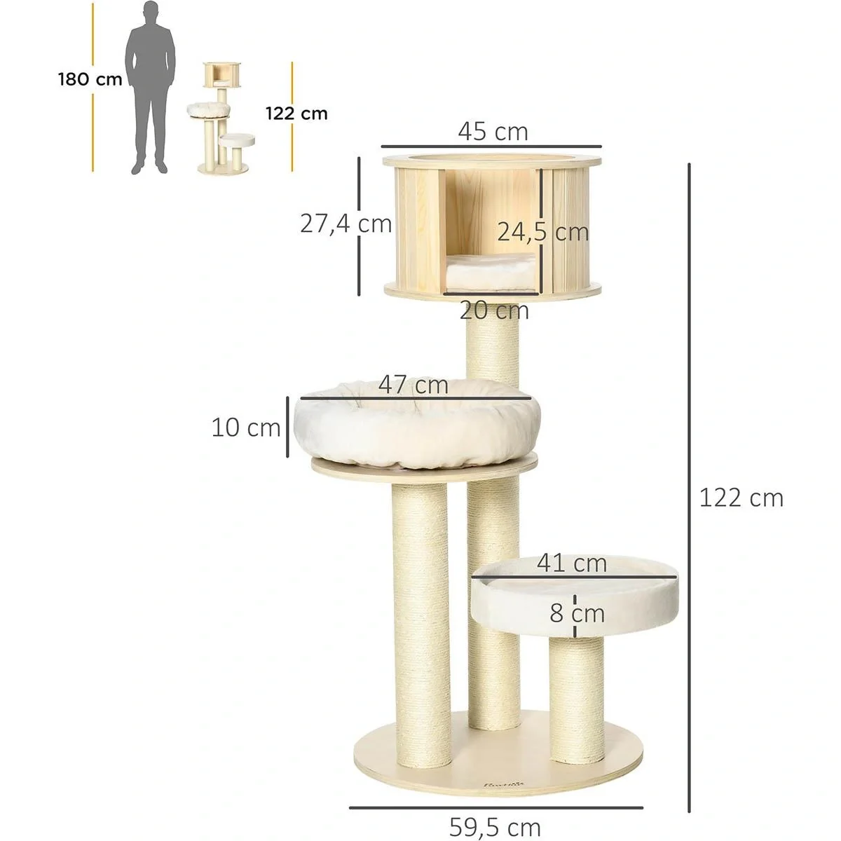 Dreistufiger Kratzbaum - Haus und Kissen - 59,5 x 59,5 x 122 cm - 5