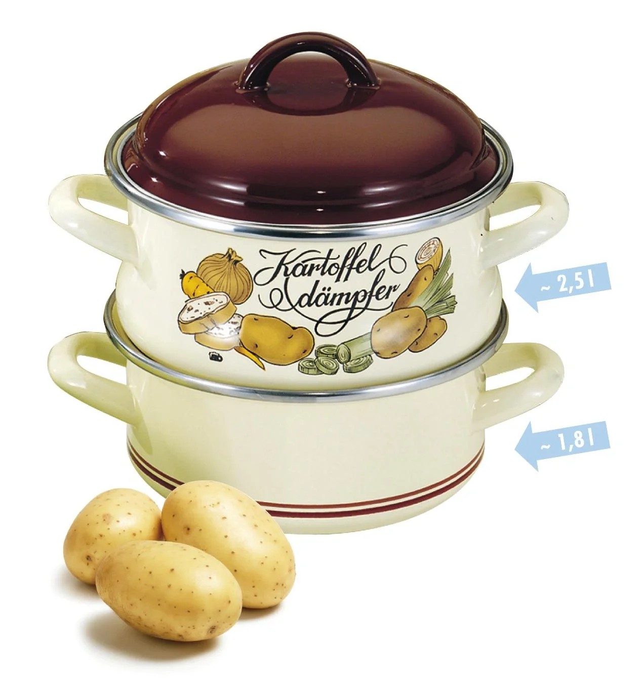 Emaille Kartoffeldämpfer Ø 18 cm - Kartoffel/Gemüsetopf mit 1,8 L / 2,4 L - 2