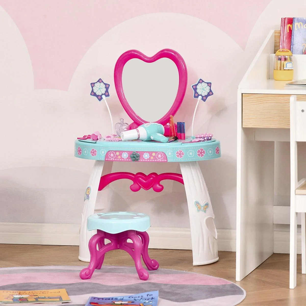 Kinderschminktisch mit Schubladen und reichhaltigem Zubehör Frisiertisch mit Hocker 5 Musikstücke Licht für Mädchen ab 3 - 4