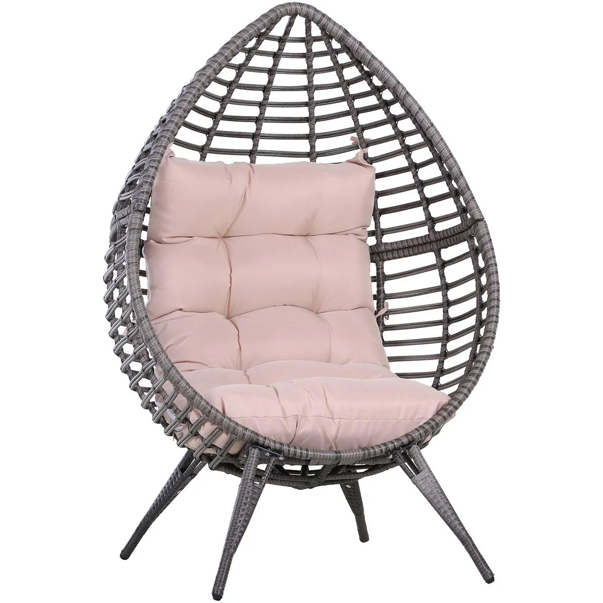 Rattansessel in Tropfenform, Gartensessel mit Sitzkissen, Erhöhter Rattanstuhl, Stahl, Beige, 101 x 89 x 156 cm - 4