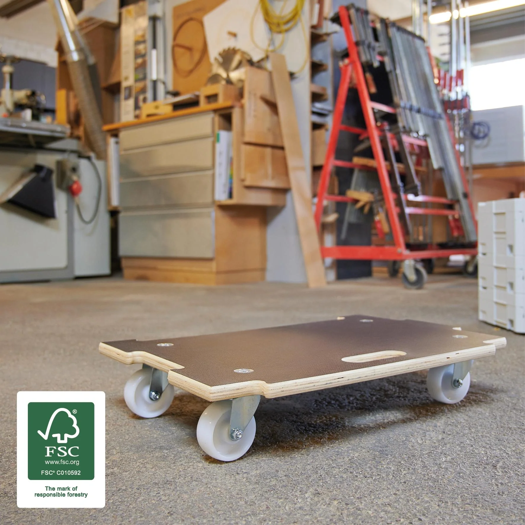 Transporthilfe MM 1383, 59 x 39 x 11 cm, harte Rollen Ø 75 mm, Rollenlager, Platte Maxigrip FSC®, Tragkraft 250 kg - 9