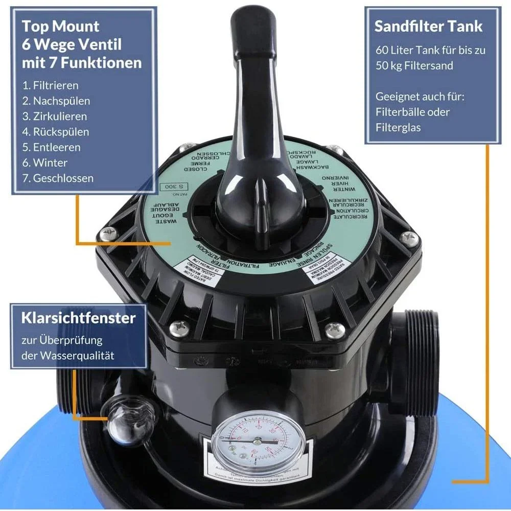 Sandfilterpumpe für Schwimmbad - 600W - 15.900 L/h - 60L Tank - 7