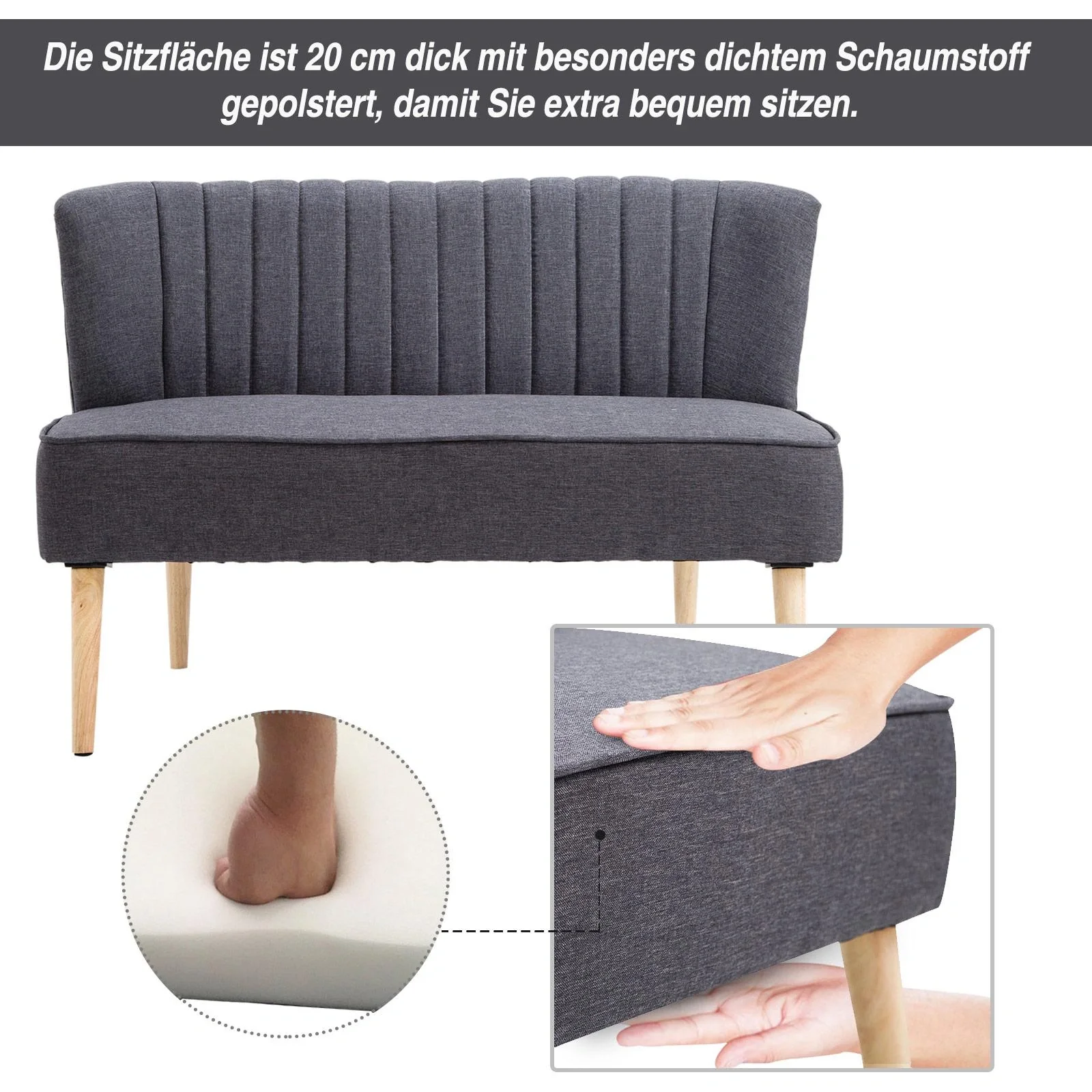 2-Sitzer Couch Stoffsofa Polstersofa Sitzmöbel Holz dunkelgrau 117 x 56,5 x 77 cm - 8