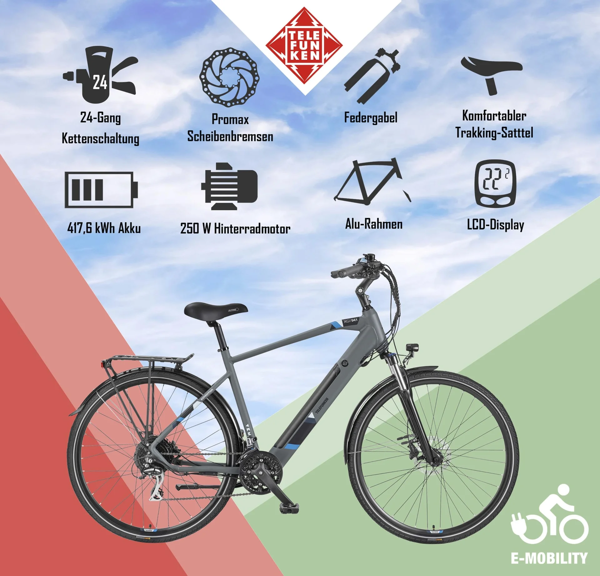 Herren Alu Trekking E-Bike, 28 Zoll, Rahmenhöhe 50 cm, 24-Gang Kettenschaltung, grau, XC941 Expedition - 9