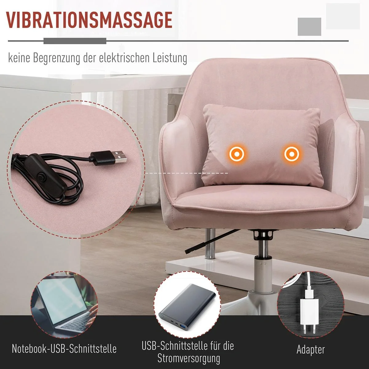Massage Bürostuhl mit Vibrationsfunktion Lendenkissen Armlehnen höhenverstellbar Samt Rosa 55 x 65 x 79-89 cm - 5
