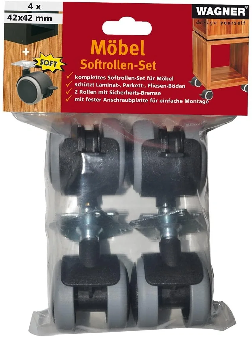 Möbelrollen/Doppelrollen 4 teilig - Ø 50 mm, Softlauffläche, Platte 42 x 42 cm, 2 mit Feststeller, Tragkraft 50 kg/Rolle - 7