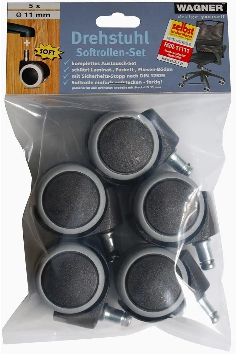 Drehstuhlrollen/Bürostuhlrollen 5 teilig Ø 50 mm, soft, intervallgebremst, Steckstift 11 x 20 mm, Tragkraft 50 kg/Rolle - 5