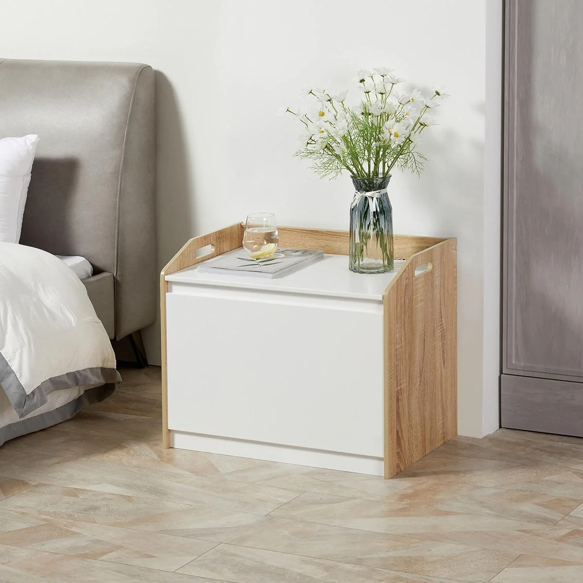 Sitzbank mit Stauraum 2-in-1 Truhenbank Nachttisch Aufbewahrungstruhe Weiß+Natur 62,4 x 40 x 51,5 cm - 4