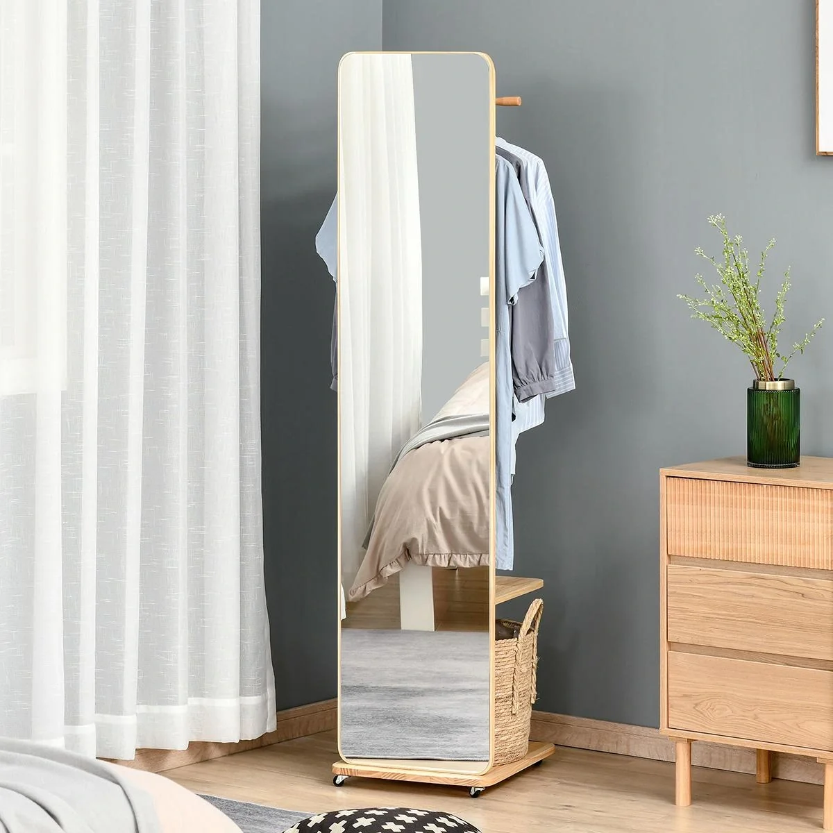 Standspiegel Ganzkörperspiegel mit Kleiderablage Schminkspiegel mit rollenden Rädern Anti-Kipp-Gurt für Wohnzimmer - 4
