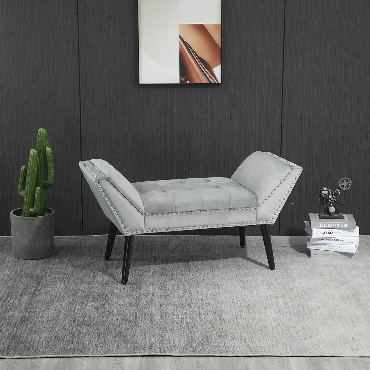 Polsterbank Sitzbank moderner Bettbank mit Knöpfen Gummiholz Samtige Berührung Hellgrau 114 x 46 x 56 cm - 4