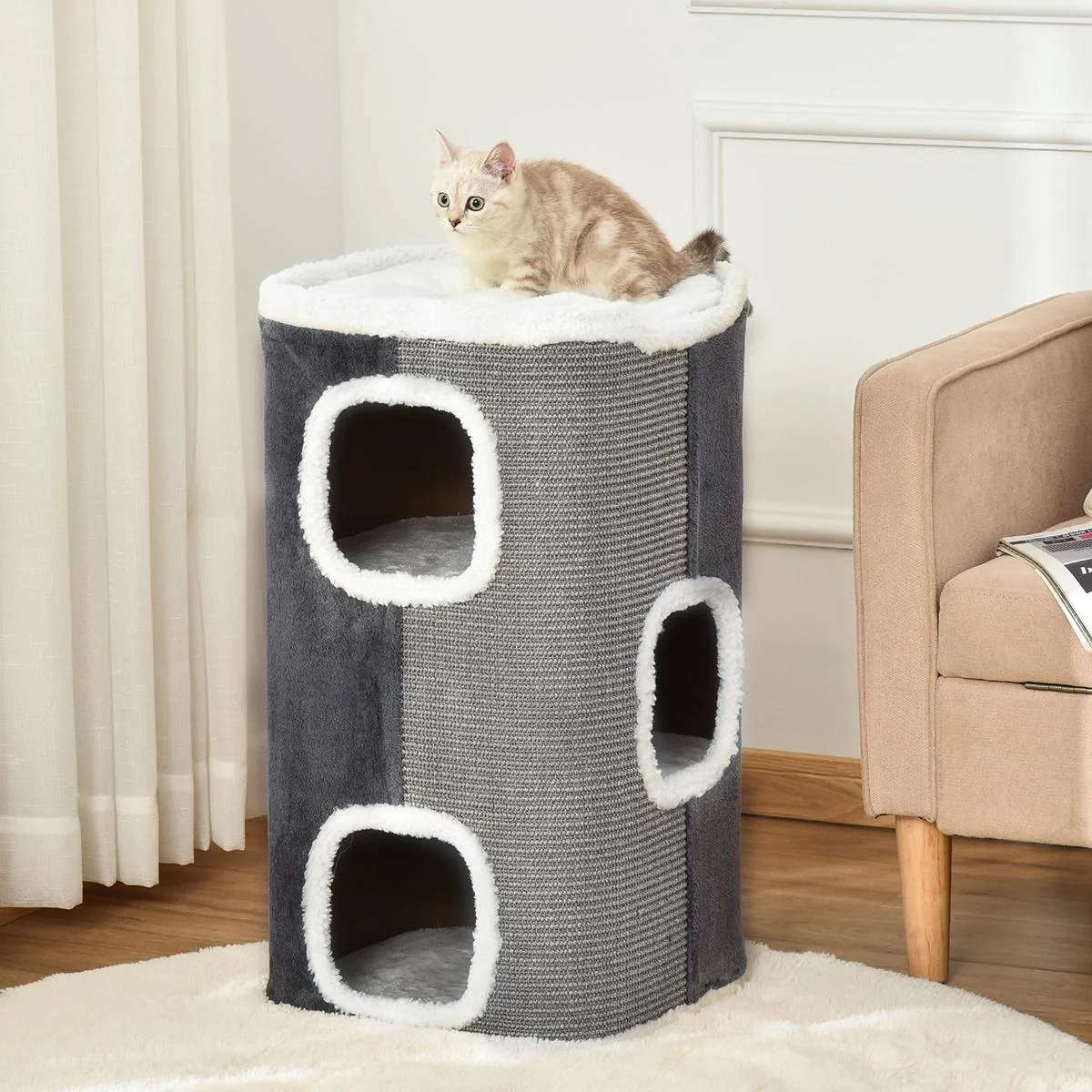 Katzenkratzbaum Katztonne 3 Ebenen Katzenbaum Kletterbaum für Katzen Katzenmöbel Spanplatte samtartiges Polyester Sisal - 4