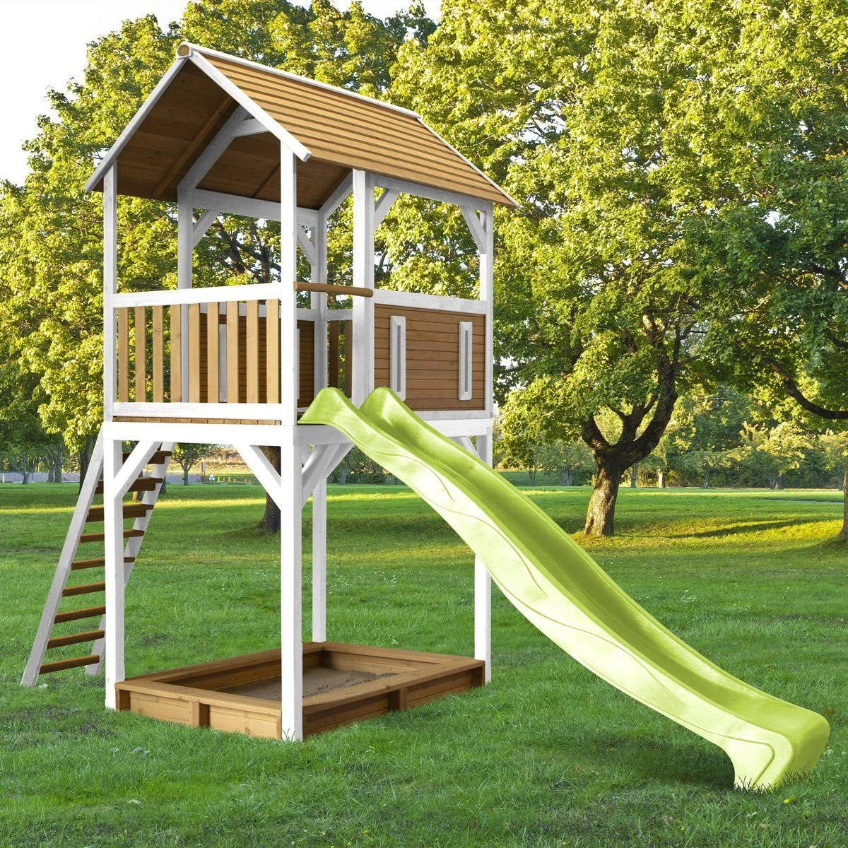 Dory Spielturm Braun/Weiß - Lindgrüne Rutsche - 6