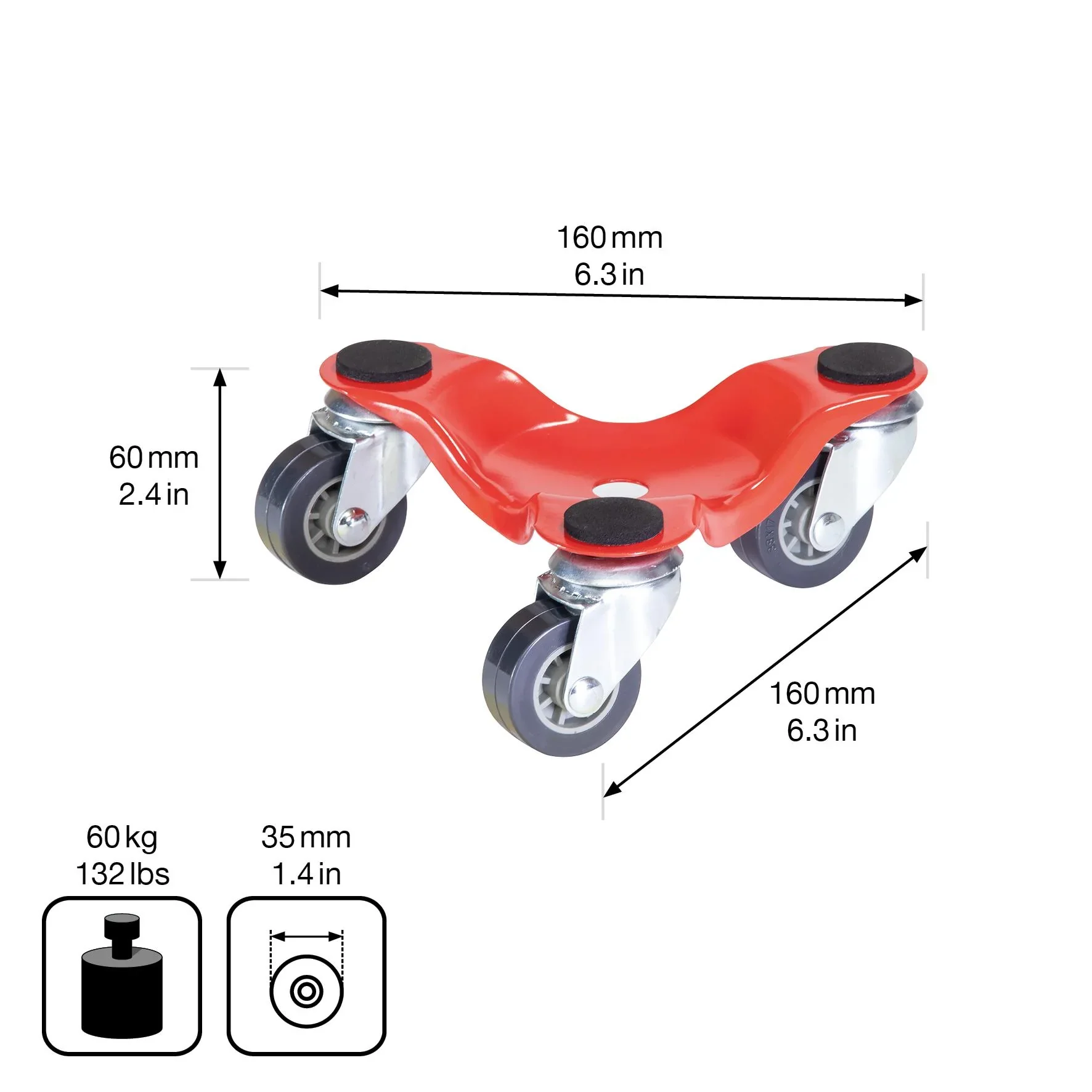 Transporthilfe MM 1193, 16 x 16 x 6 mm, softe Rollen Ø 35 mm, Stahl beschichtet, rot, Tragkraft 60 kg - 7