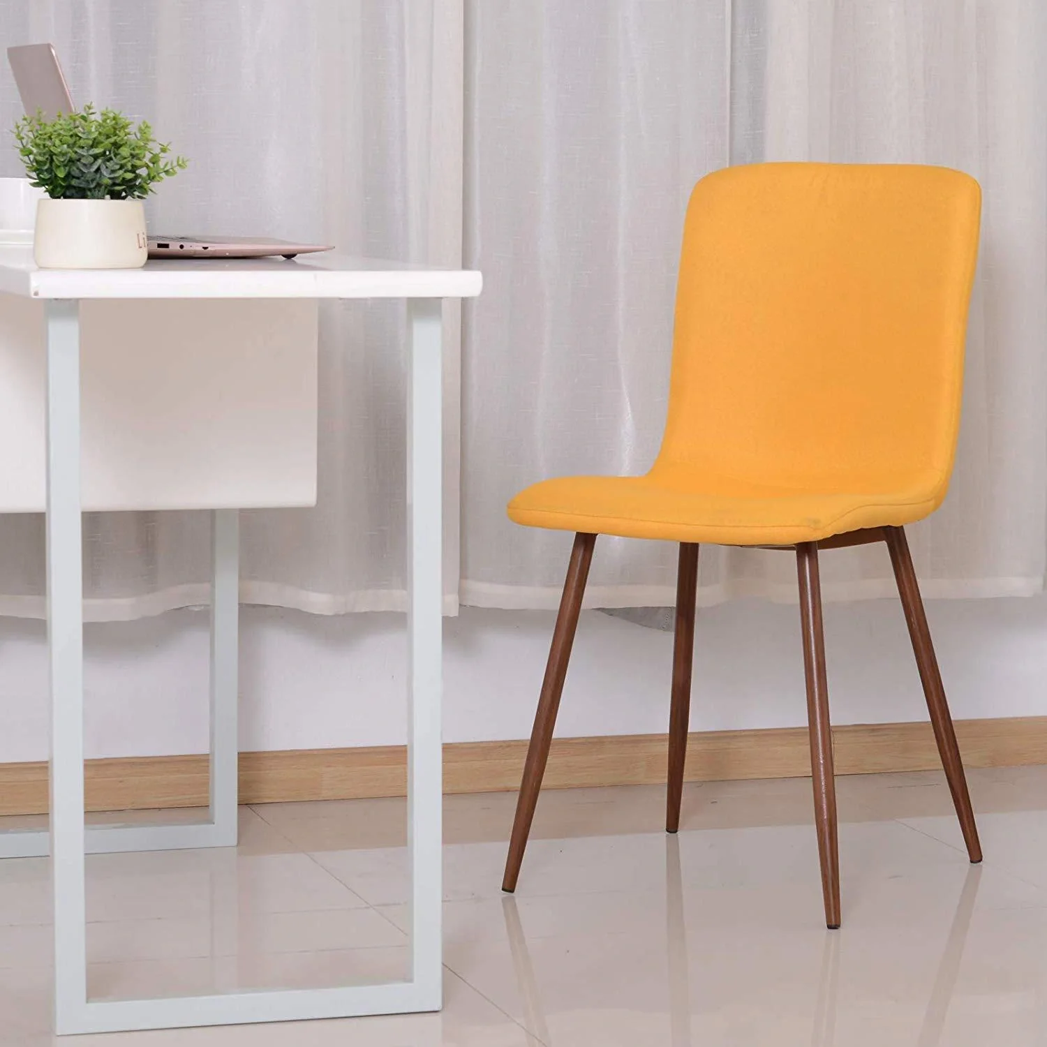 2er-Set Esszimmerstuhl Küchenstuhl Polsterstuhl Wohnzimmerstuhl Leinenbezug Metallfuß Gelb 43 x 56,5 x 85 cm - 2