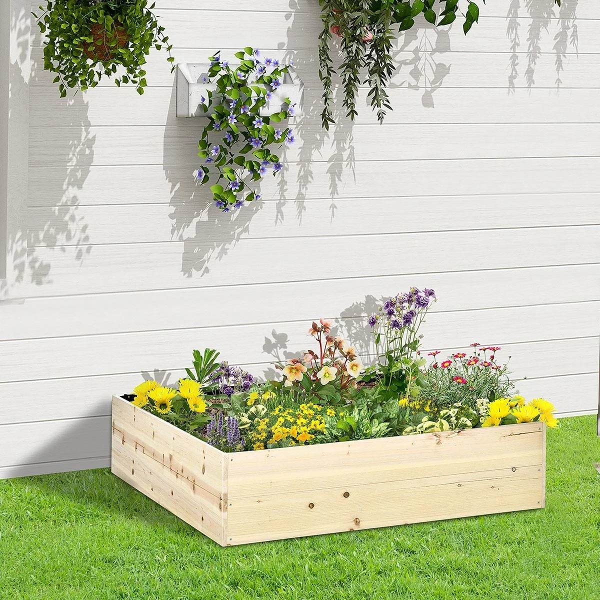 Hochbeet aus Holz Gartenbeet mit Vliesstoff Pflanzkübel Pflanzkasten Kräuterbeet für Balkon Garten Natur 117 x 117 x 30 - 5