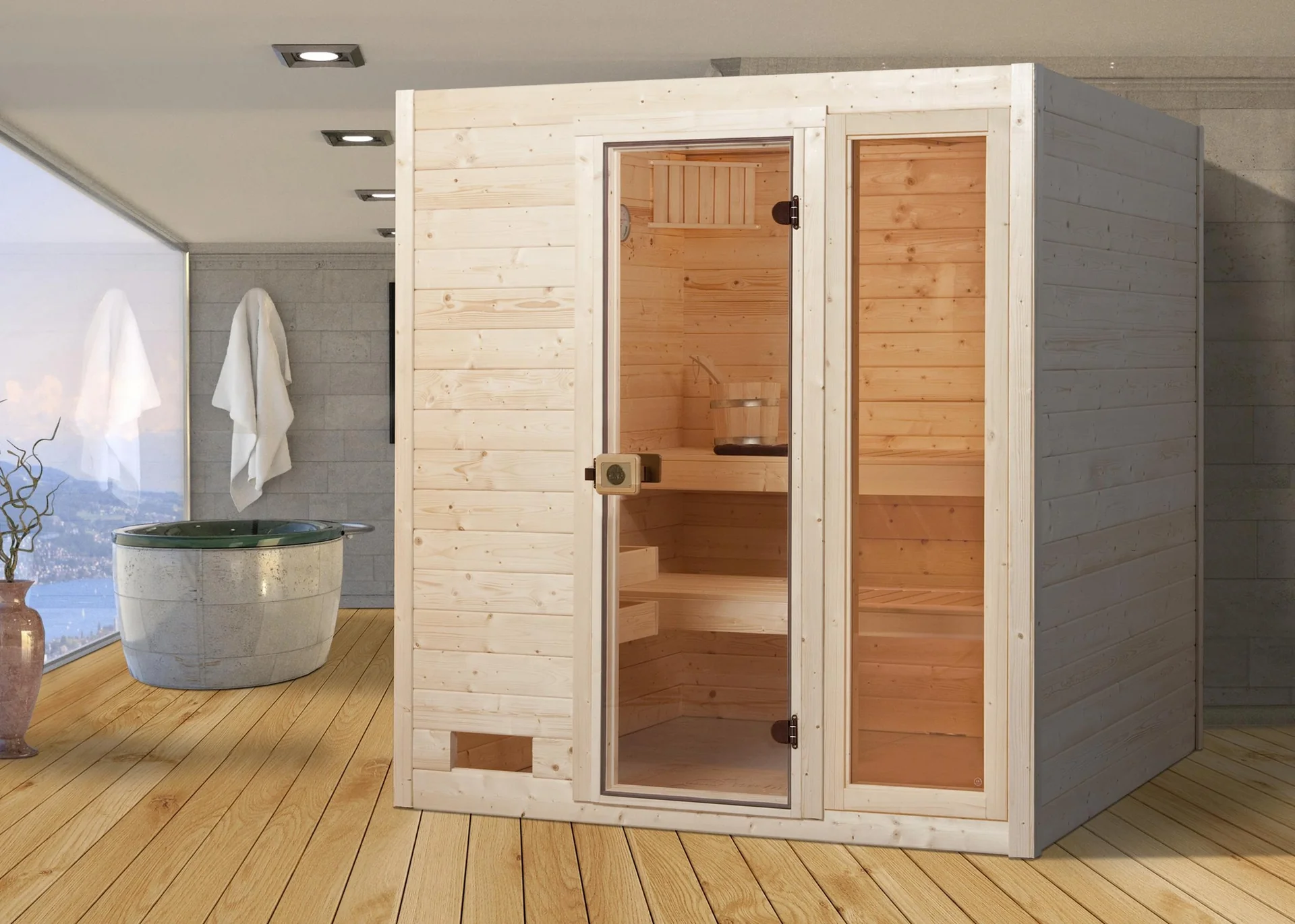 Massivholzsauna VALIDA 3 Glastür + Fenster - 2