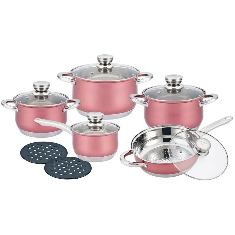 Herenthal - Komplettes 12-teiliges Kochgeschirr-Set - Edelstahl - Pink - 1