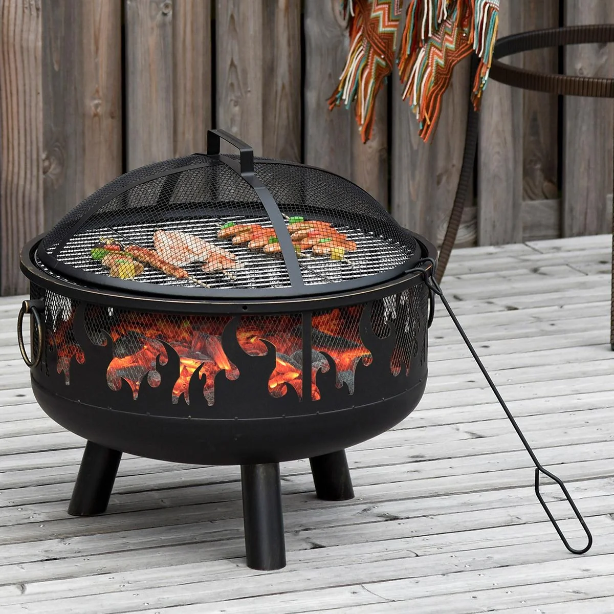 2-in-1 Feuerschale Feuerkorb Feuerstelle mit Funkenschutz Grillrost Garten BBQ Schwarz Ø61,5 x 52H cm - 4