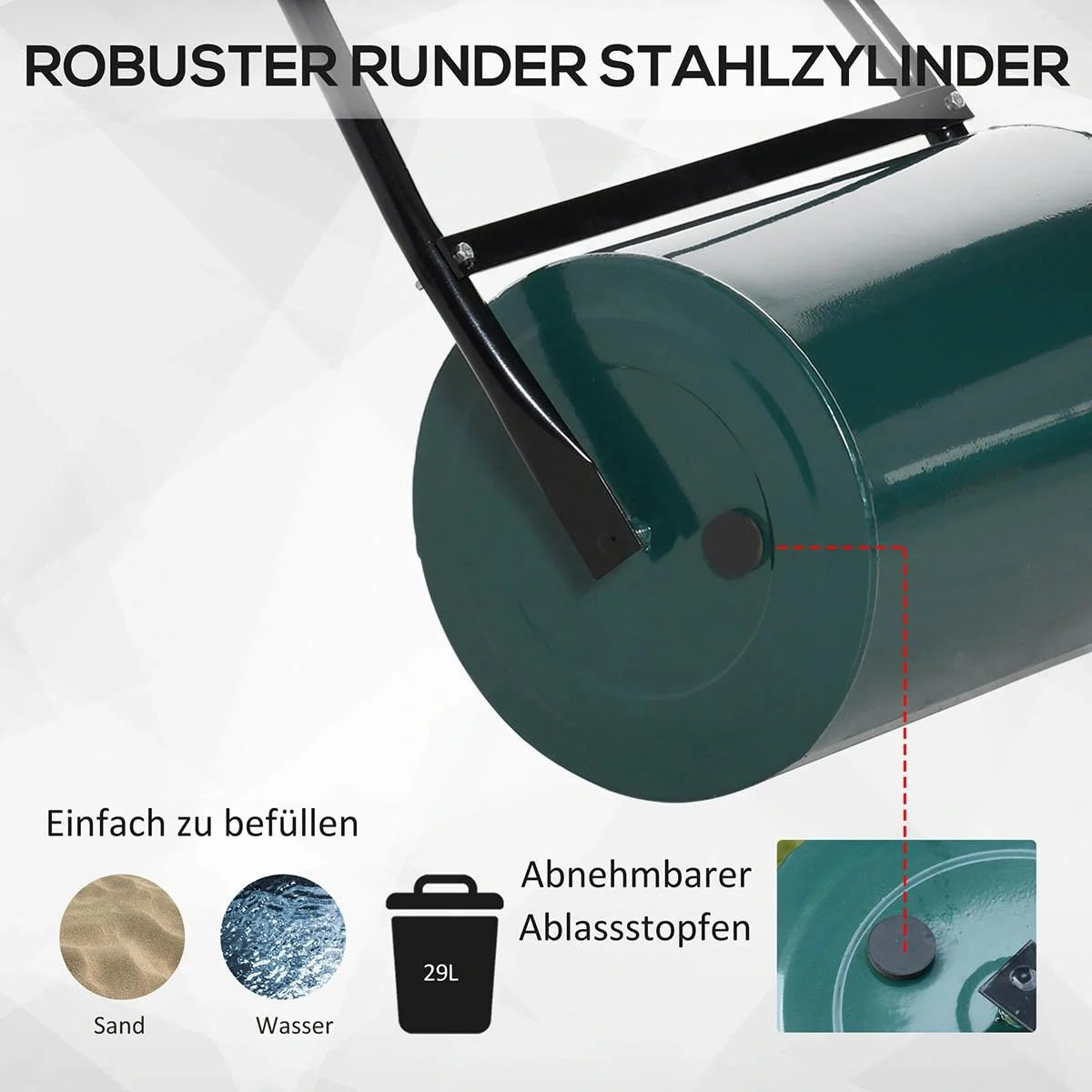 Rasenwalze mit U-Griff Gartenwalze Gartenrolle 30 cm Durchmesser 30 L Wasser-/Sandfüllung 41 cm Arbeitsbreite Metall Grü - 4