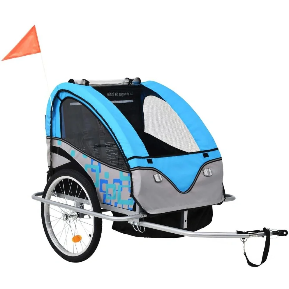Kinderfahrradanhänger und Kinderwagen 2-in-1 blau und grau - 1