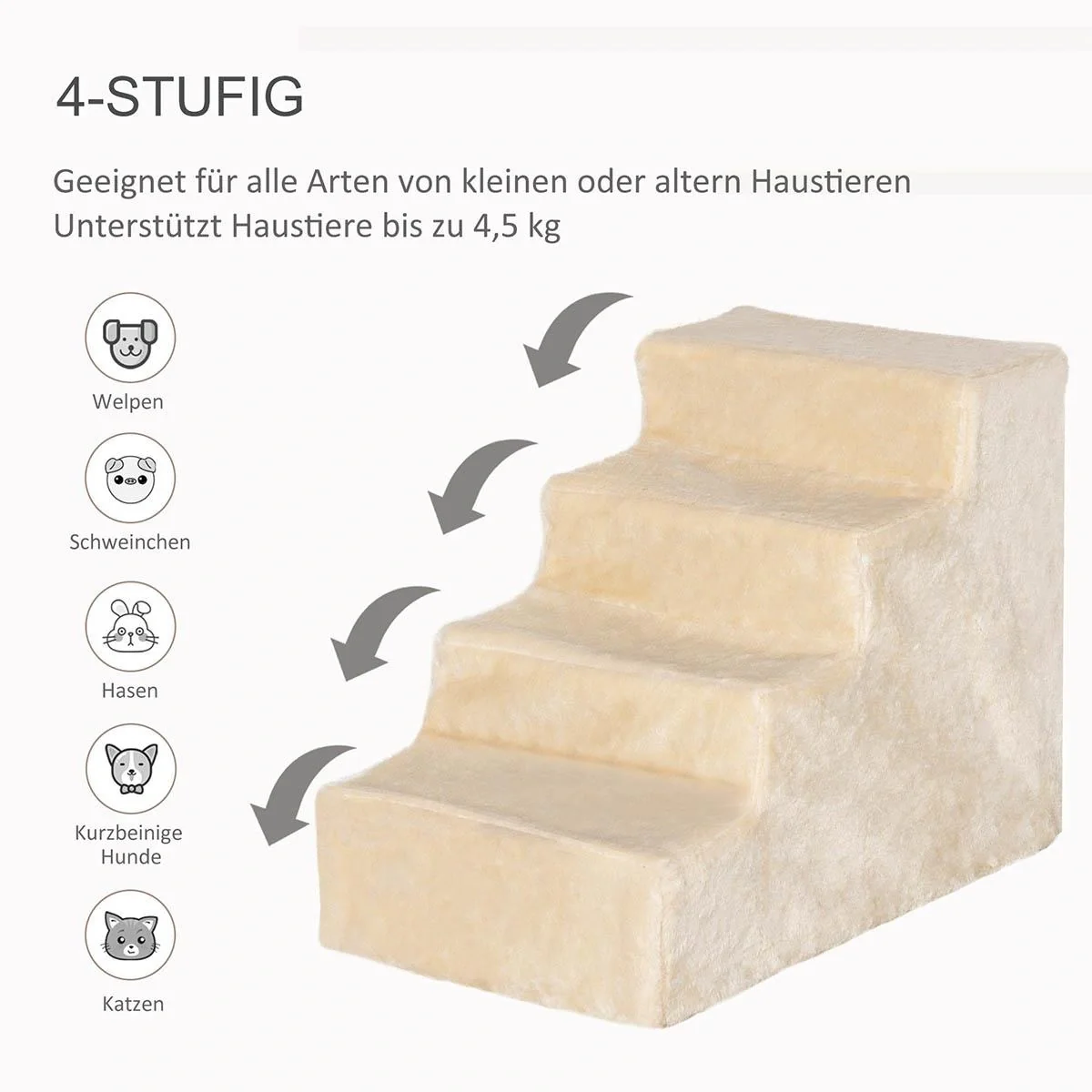 Haustiertreppe 4-stufige Hunderampe mit abnehmbarer Bezug Katzentreppe Hundetreppe Tiertreppe Spanplatte Plüsch Beige 60 - 5